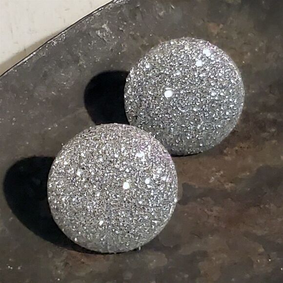 Retro 80s Club Glam Disco Sparkly Silver Fabric Button Earrings - Picture 2 of 10